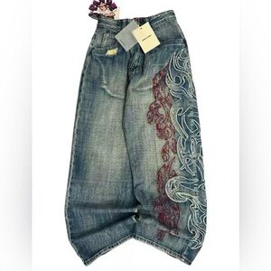 Embroidered Blue Jeans with Red Design